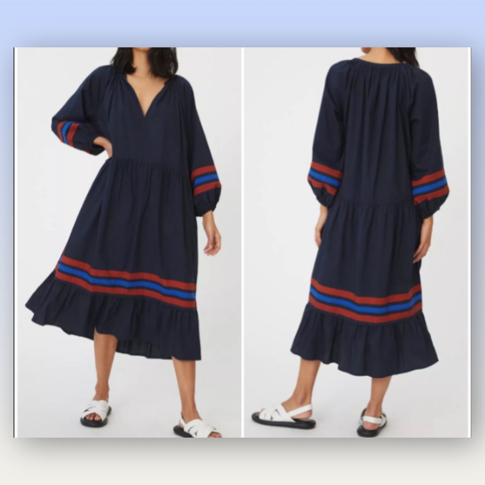 Sundry 100% Cotton Navy Midi Dress with Red and Blue Accents Boho BohemianCasual
